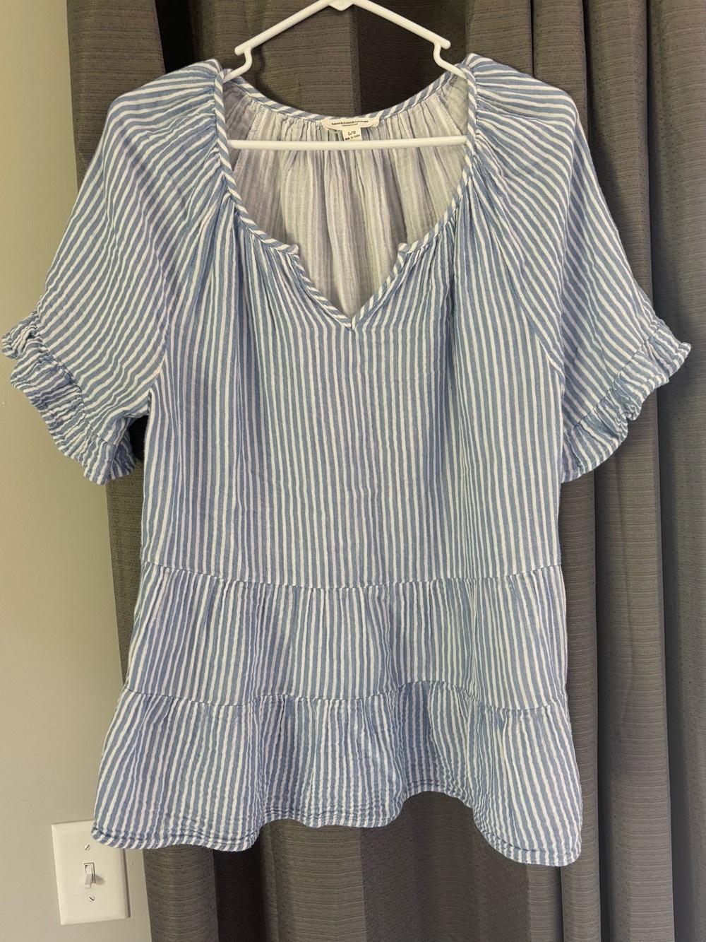 beachlunchlounge Light Blue and White Striped Peasant Top